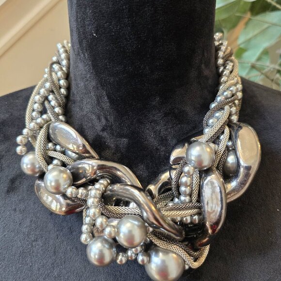 Women Silver Tone Imitation Pearl Multi Strand Braided Necklace w/ Lobster Clasp - Picture 2 of 7